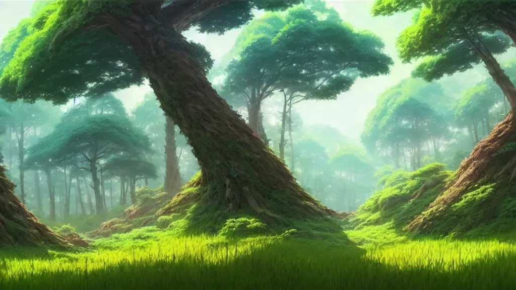 Image similar to forest clearing landscape, studio ghibli, pixar and disney animation, sharp, rendered in unreal engine 5, highly detailed, digital painting, artstation, concept art, smooth, sharp focus, illustration, wide angle, artbook, wallpaper, splash art, promo art, dramatic lighting, art by artgerm and greg rutkowski and bo chen and jin xiaodi