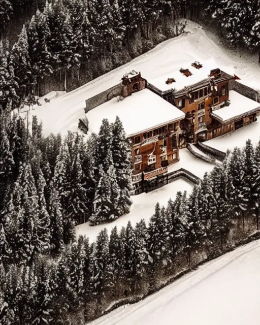 Prompt: mansion in the snowy alps set on fire, zoomed out, shot from drone, iphone capture, fire