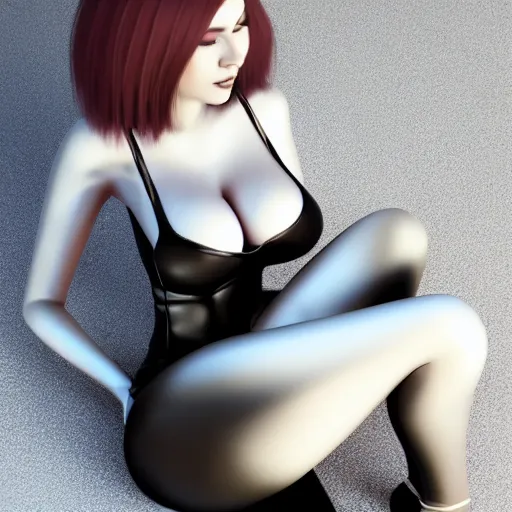 Image similar to feminine hot pale goth woman with tight curvy shiny outfit, photorealistic, sublime, relaxed posture, sitting, 16k, smooth, sharp focus, cgsociety, ArtStation, volumetric lighting