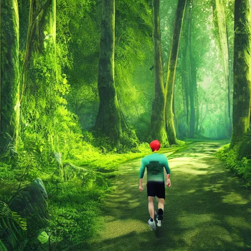 Prompt: sporty guy in acid-green sneakers, runs alone through a jungle with tall trees, shot from the back, natural, in perspective, fantasy artwork, very very very beautiful scenery, hd, hdr, ue5, ue6, unreal engine 5, cinematic 4k wallpaper, 8k, ultra detailed, high resolution, artstation, award winning,