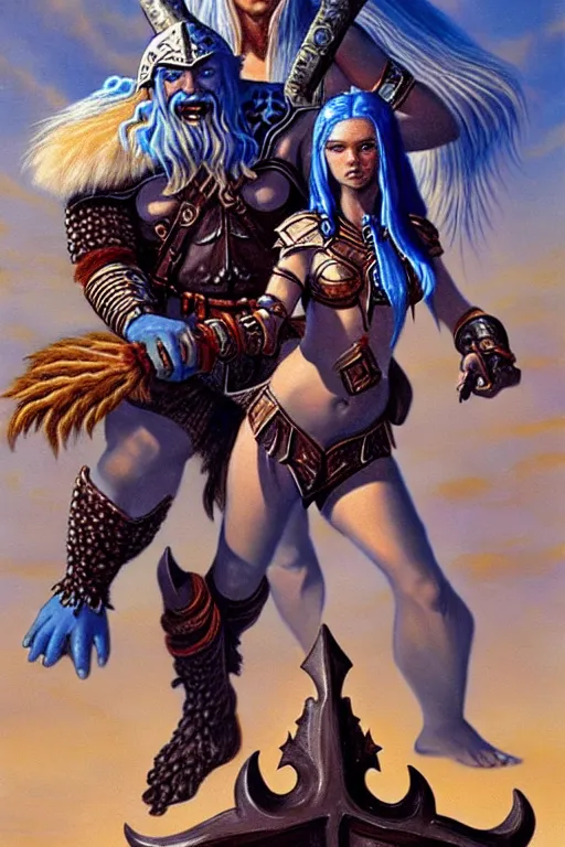 Image similar to a small blue-skinned triton girl wearing scale armor riding on a the shoulders of a large male goliath wearing fur and leather armor, dnd concept art, painting by Jeff Easley