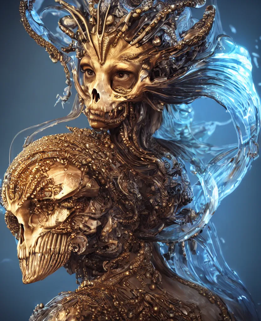 Image similar to close-up macro portrait of the face of a beautiful princess with animal skull mask, epic angle and pose, symmetrical artwork, 3d with depth of field, blurred background, cybernetic jellyfish female face skull phoenix bird, translucent, nautilus, energy flows of water and fire. a highly detailed epic cinematic concept art CG render. made in Maya, Blender and Photoshop, octane render, excellent composition, cinematic dystopian brutalist atmosphere, dynamic dramatic cinematic lighting, aesthetic, very inspirational, arthouse. y Greg Rutkowski, Ilya Kuvshinov, WLOP, Stanley Artgerm Lau, Ruan Jia and Fenghua Zhong