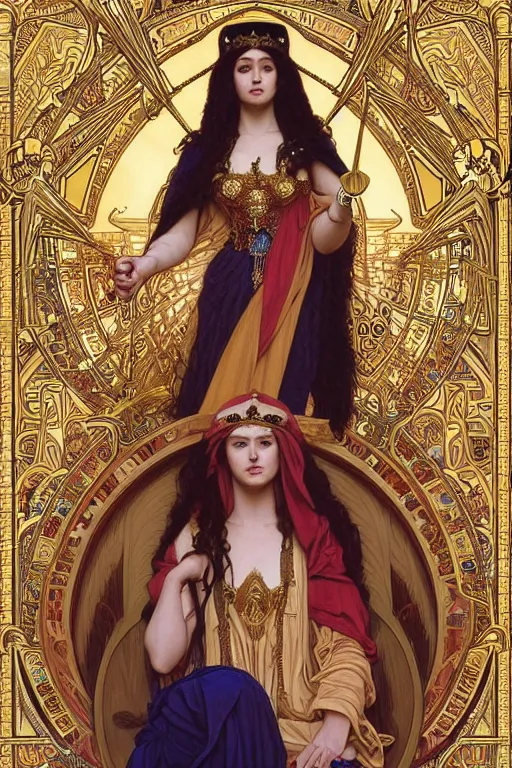 Image similar to Portrait of historically accurate, biblical, sneering, young, wicked, terrible, evil, pagan, beautiful, queen jezebel of ancient Israel, wearing gilded robes, long hair, intricate, elegant, highly detailed, masterpiece, illustration, art by artgerm and greg rutkowski and alphonse mucha and Wayne Barlowe and william-adolphe bouguereau, highly detailed, trending on artstation, award winning