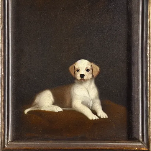 Prompt: A cute puppy. Oil on canvas. 1850.