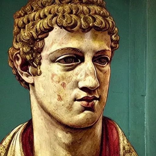 Prompt: photo of an ancient roman fresco on a wall in an ancient villa : mark zuckerberg as a roman noble senator. dressed in a toga. serious facial expressiondetailed, intricate artwork. well - preserved but faded