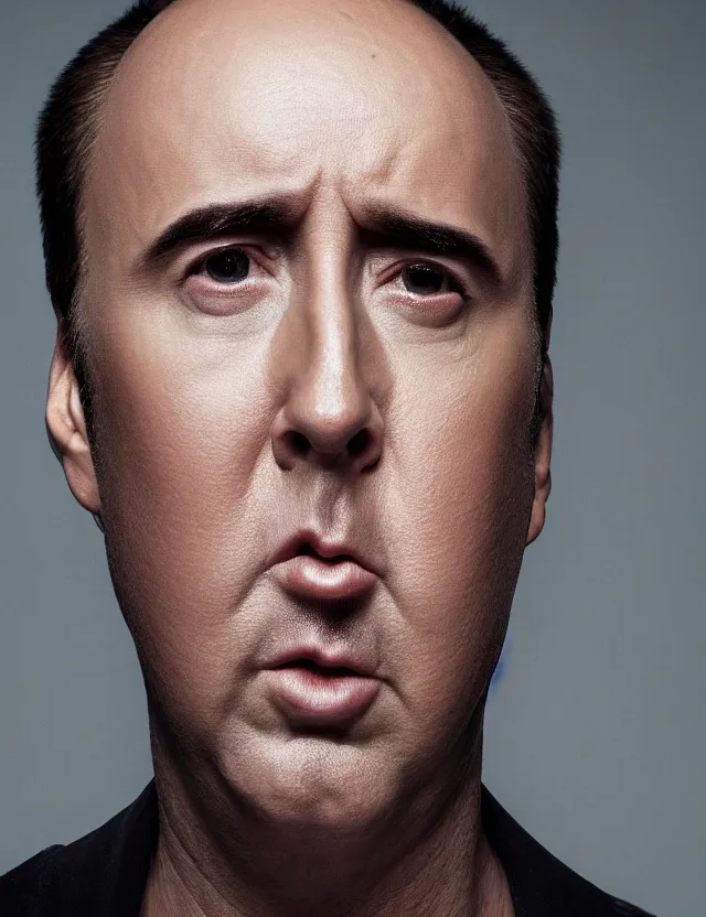 Prompt: portrait of bald nicolas cage neutral expression face straight on headshot even lighting no hair