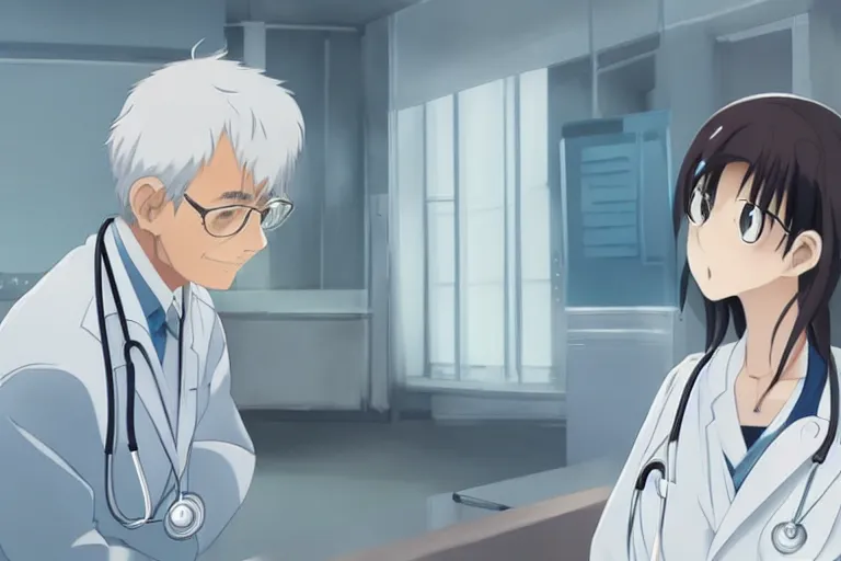 Image similar to a cute young female doctor wearing white coat are talking with an old surgeon in a hospital, slice of life anime, lighting, anime scenery by Makoto shinkai