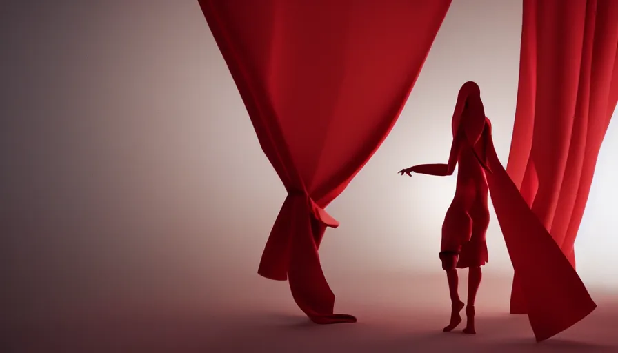 Prompt: a figure covered by red cloth is standing in a beautiful penthouse with atmospheric light, digital art, concept art, cloth simulation with houdini, smoke, octane, redshift, 8 k