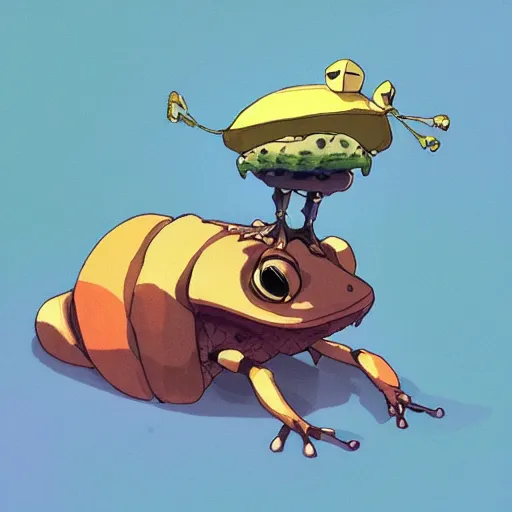 Prompt: A warrior frog riding a king beetle by Dice Tsutsumi, Makoto Shinkai, Studio Ghibli