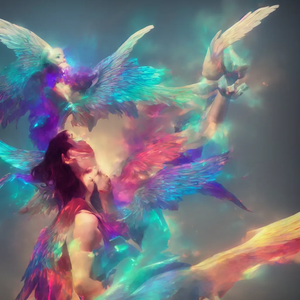 Image similar to woman with wings, concept art, digital art, octane render, xray melting colors