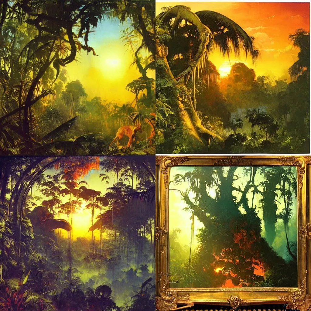 Prompt: mystic jungle with sunset and backlight , high texture fisheye oil painting by frank frazetta