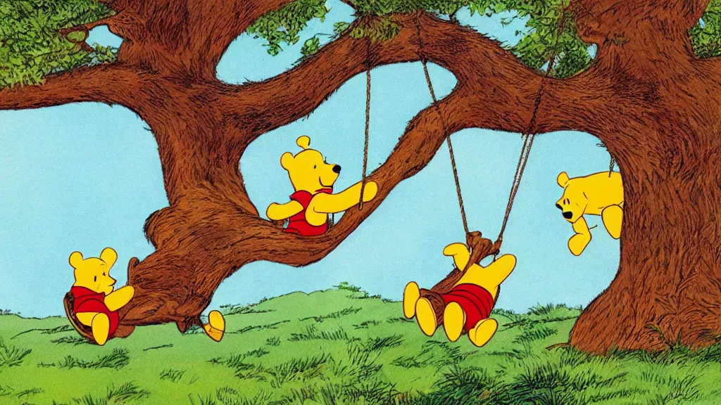 Image similar to winnie the pooh sitting on a swing by a large oak tree, beautiful landscape, vivid colors, by bill watterson