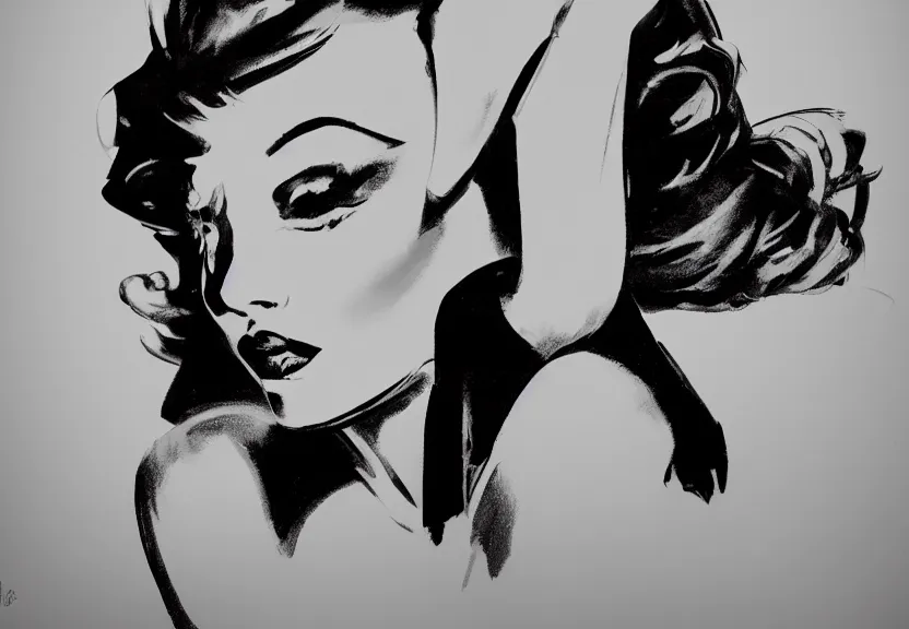 Image similar to painting of the figure of a pin up girl posing, high contrast, poster, clothes in the fashion of 6 0's, concept art, black and white, dramatic lighting, digital art, 8 k, drawn by arnold armitage