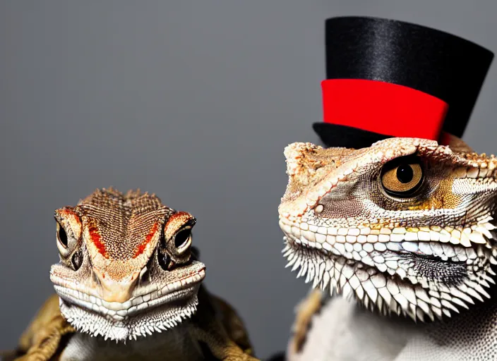 Image similar to dslr portrait still of a bearded dragon wearing a top hat and a red bowtie, 8 k 8 5 mm f 1. 4