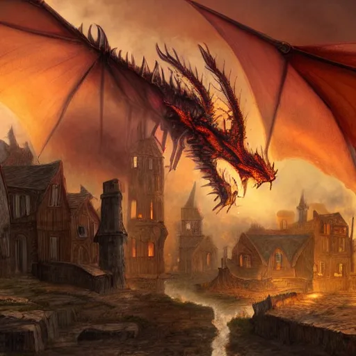 Image similar to medieval town destroyed by a dragon, artwork, smoke, fire, digital art