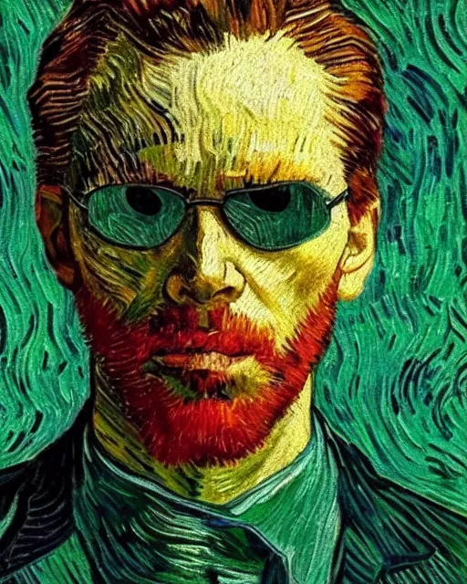 Image similar to The Matrix movie frame in the style of Van Gogh self portrait, face, detailed, sharp focus