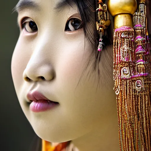 Image similar to A female ancient asian tribal princess, (EOS 5DS R, ISO100, f/8, 1/125, 84mm, postprocessed, crisp face, facial features)