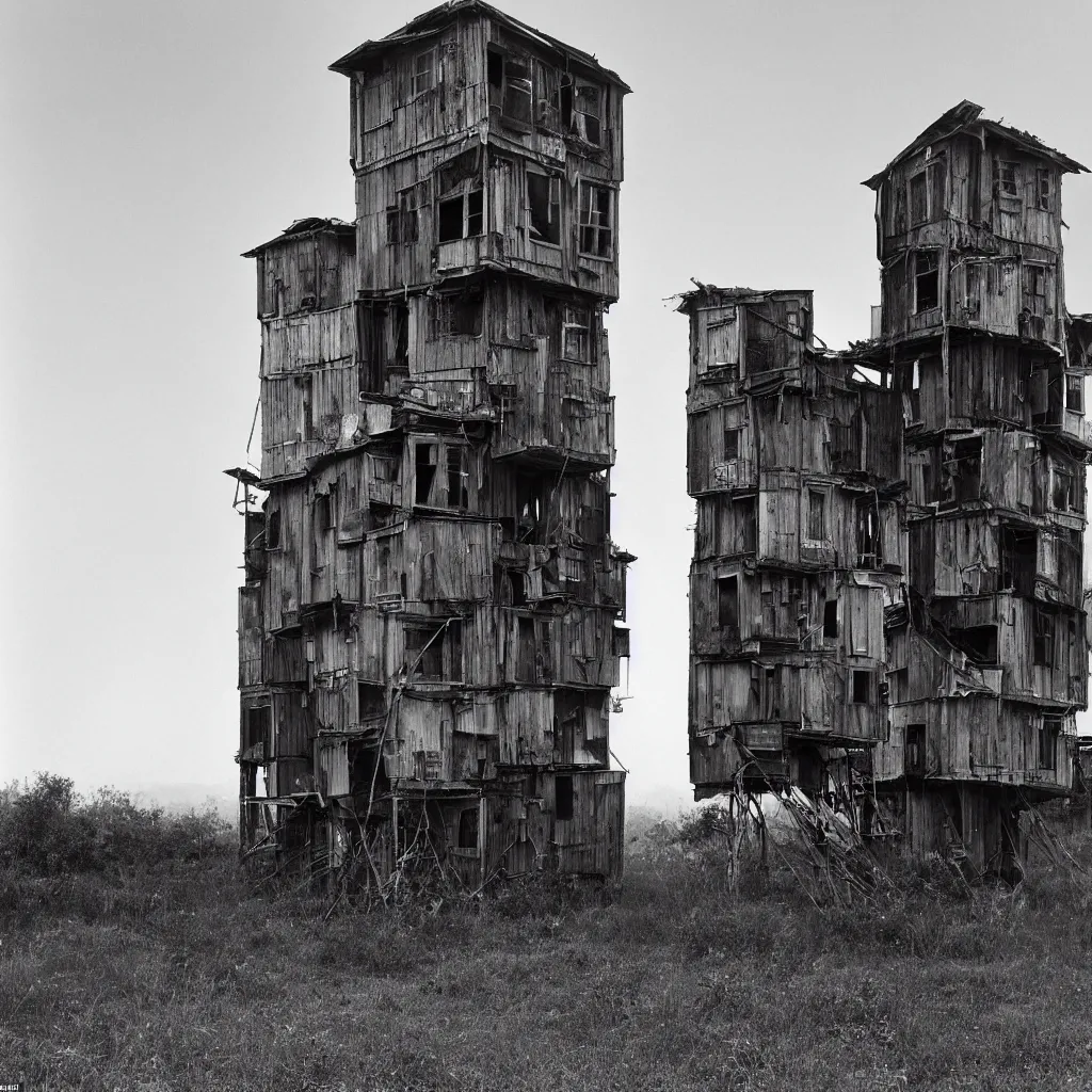 Prompt: two giant towers, made up of makeshift squatter shacks, misty, dystopia, mamiya rb 6 7, fully frontal view, very detailed, photographed by ansel adams