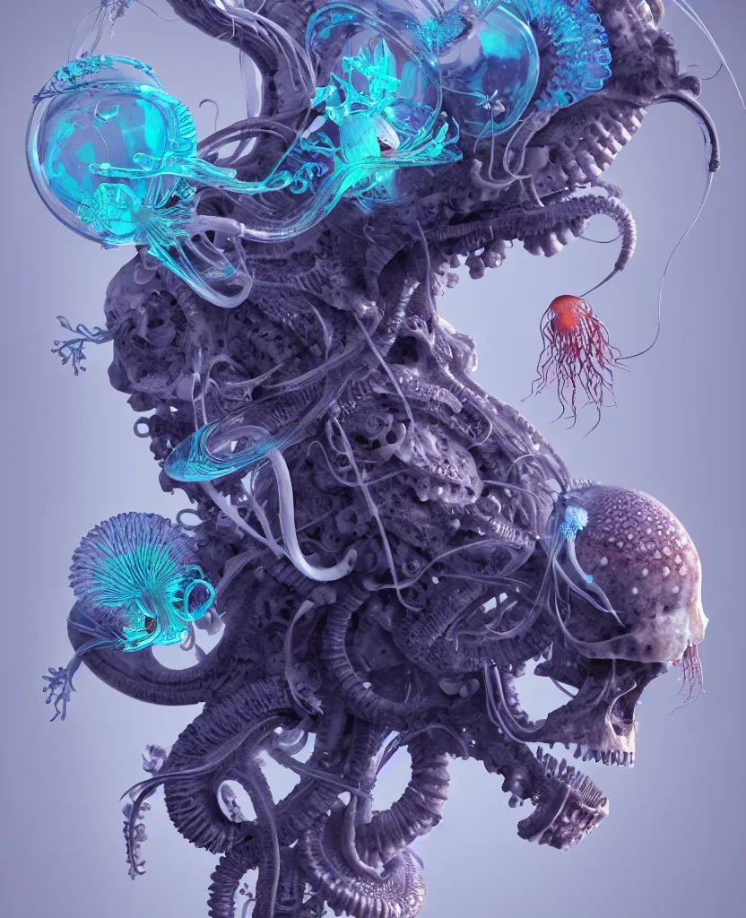 Image similar to goddess close-up portrait ram skull, thorax, x-ray, backbone, jellyfish phoenix head, nautilus, orchid, skull, betta fish, bioluminiscent creatures, intricate artwork by Tooth Wu and wlop and beeple. octane render, trending on artstation, greg rutkowski very coherent symmetrical artwork. cinematic, hyper realism, high detail, octane render, 8k