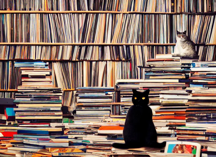 Image similar to photography of a Cat sitting on a pile of books and vinyls. a record player is in the shot. in a room full of vinyls and posters out of the 70's, photorealistic, raining award winning photo, 100mm, sharp, high res