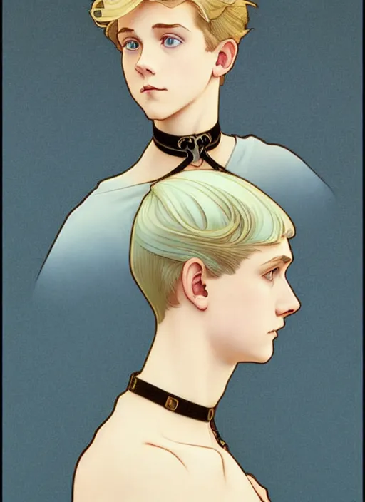 Image similar to art nouveau portrait of a pretty young man with short blond hair, light blue eyes, sad expression, scared, head down, shy and demure, wearing a choker collar, natural lighting, path traced, highly detailed, high quality, cartoon, digital painting, by don bluth and ross tran and studio ghibli and alphonse mucha