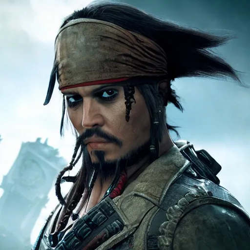 Image similar to captain jack sparrow in gears of war, gears of war, splash art, movie still, cinematic lighting, dramatic, octane render, detailed face, long lens, shallow depth of field, bokeh, anamorphic lens flare, 8 k, hyper detailed, 3 5 mm film grain