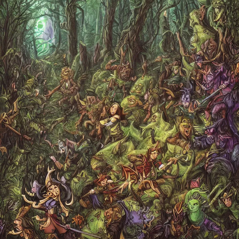 Image similar to a scene of elves running through a clearing in a dark fantasy forest surrounded by darkness and colorful cartoon monsters. hyperrealist illustration. muted colors. 1 9 7 0's pulp science fiction and fantasy cartoon for alice in wonderland and wizard of oz. highly detailed and richly colored painting by don ivan punchatz and basil gogos. trending on artstation