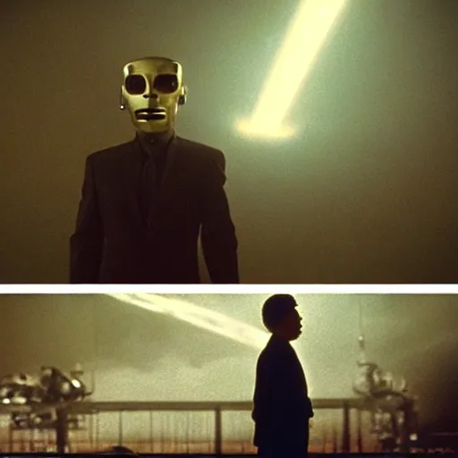 Image similar to movie scene of a man with a robot head, movie still, cinematic composition, cinematic lightning, Movie by David Lynch and Andrzej Żuławski