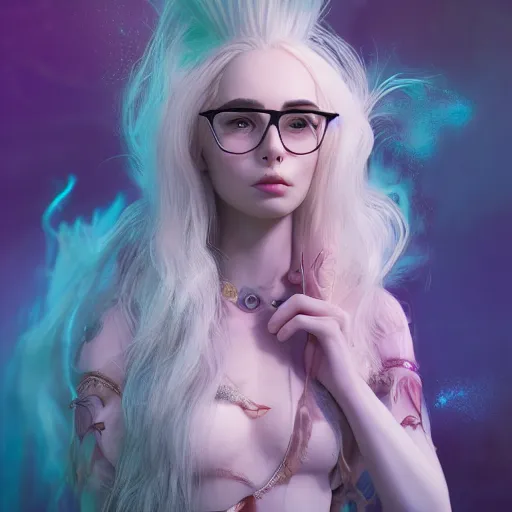 Prompt: beautiful + blonde + dragon queen + white hair + cool glasses + holding pistol + tights + lily collins + black pink, floating under the deep dream water, beautiful smooth soft light + white petal, oil paint, cinematic lighting, octane render, unreal engine 5, closeup, 4 k, highly detailed, instagram,