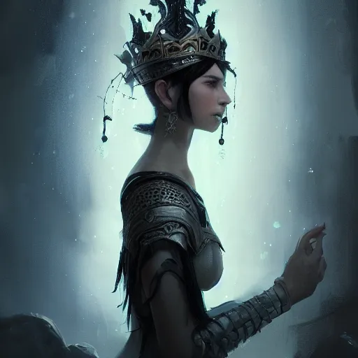 Image similar to portrait of a fantasy tall woman with black hair pale skin and a crown on her head, intricate baroque armour, glowing aura, trending on artstation, 4 k, greg rutkowski, concept art, matte painting,