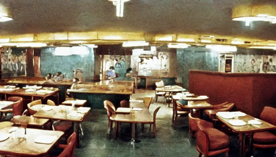 Image similar to 70s movie still of north korean restaurant, eastmancolor, heavy grain, high quality, higly detailed