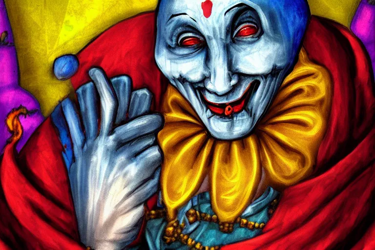 Prompt: medieval jester, colorful, sinister, digital art, painting, portrait,