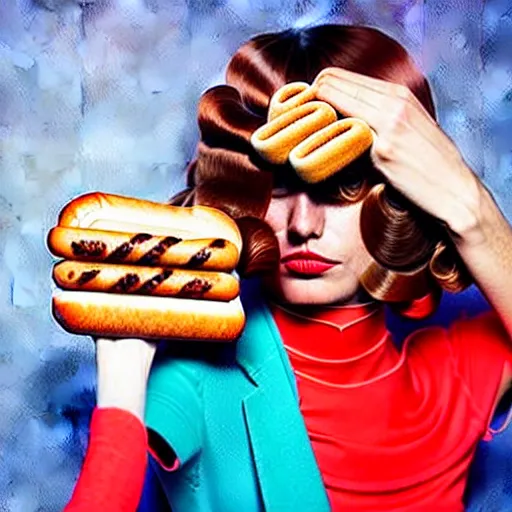 Prompt: a fashion model curls her hair using hot dogs. surreal photograph, toiletpaper magazine, 3 5 mm photograph, colourful, by pierpaolo ferrari, maurizio cattelan