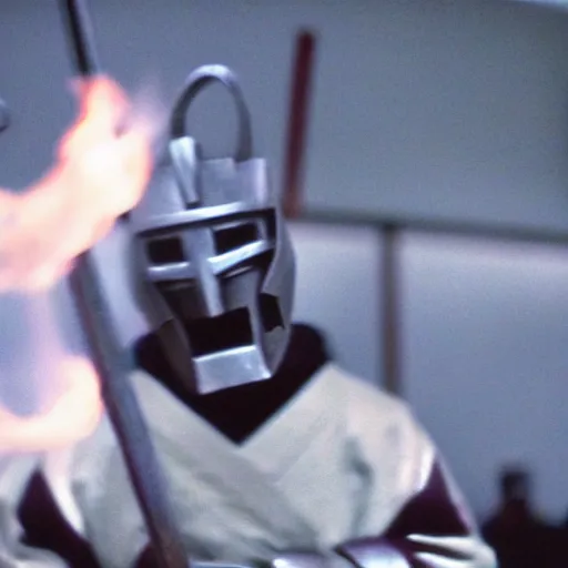 Image similar to cinematic film still MF Doom starring as a Samurai holding fire, Japanese CGI, VFX, 2003, 40mm lens, shallow depth of field,film photography