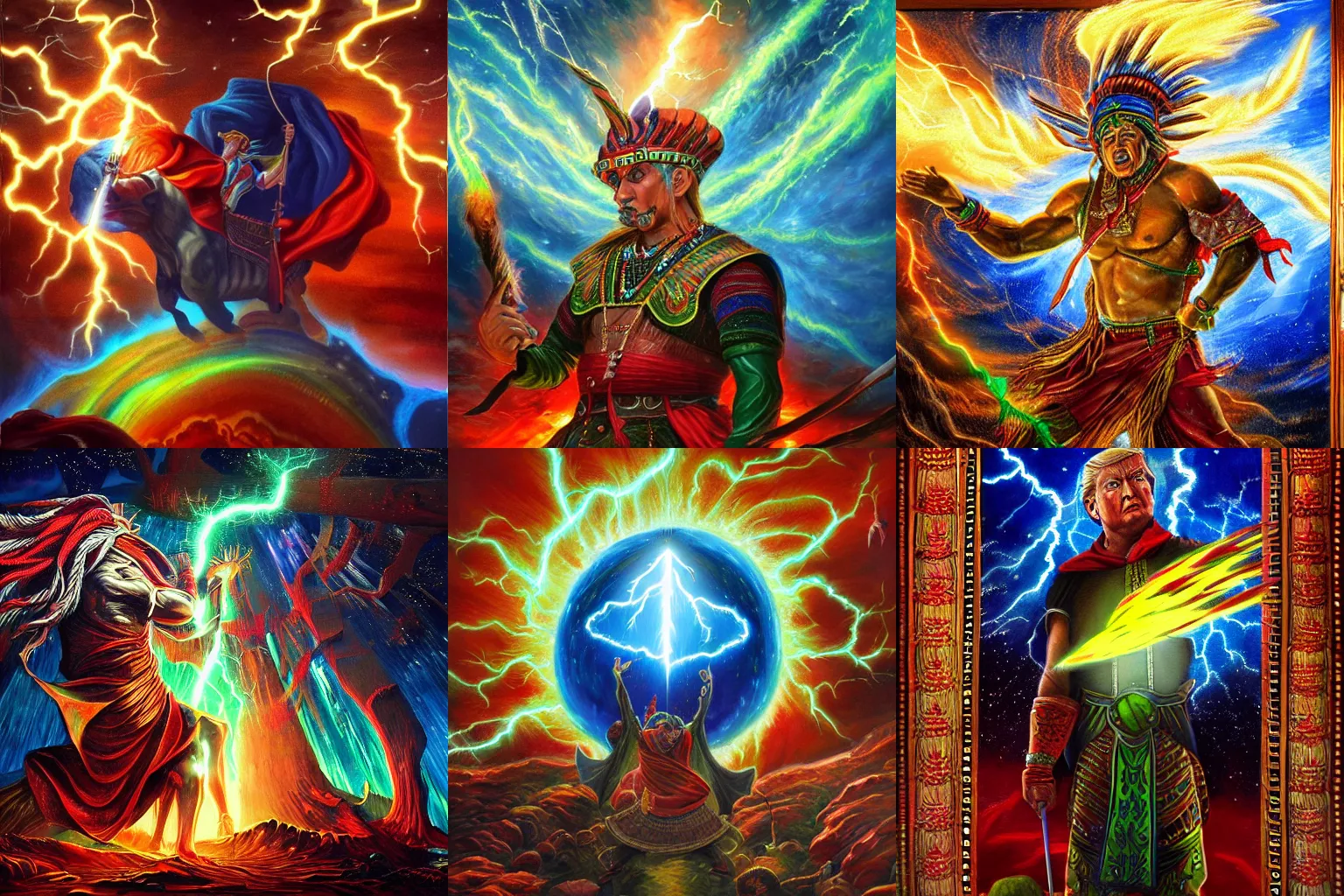 Prompt: highly detailed oil painting, concept art, trump casting a lightning spell, fighting against a huge ice giant, dark red, green and blue color scheme, concept art, highly detailed leadlight indian art style