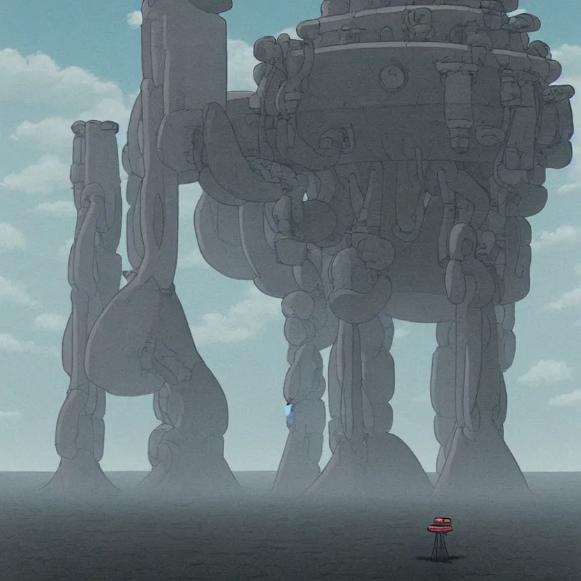 Image similar to a realistic cell - shaded studio ghibli concept art from paprika ( 2 0 0 6 ) of a flying intelligent dull grey mechanical octopus from close encounters of the third kind ( 1 9 7 7 ) in a flooded monument valley stonehenge. very dull colors, wide shot, hd, 4 k, hq