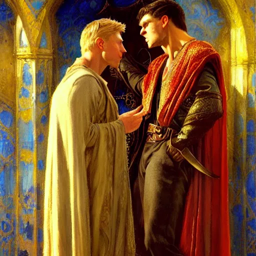 Image similar to handsome arthur pendragon in love with handsome merlin the mage. merlin is also in love with arthur. highly detailed painting by gaston bussiere, craig mullins, j. c. leyendecker