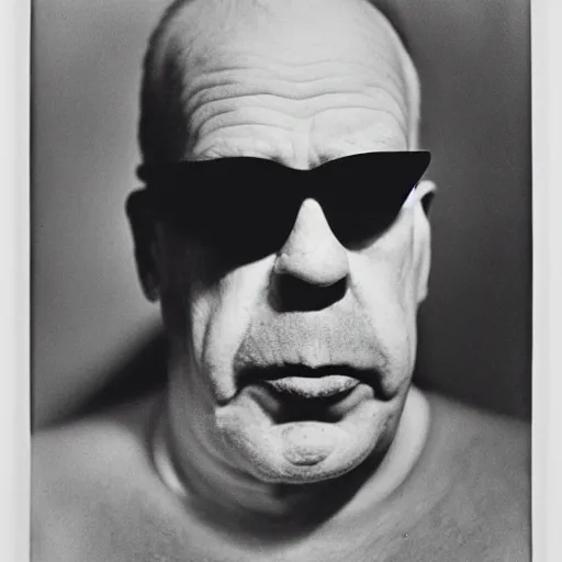 Image similar to portrait of a Homer Simpson lookalike by Diane Arbus, 88mm, black and white