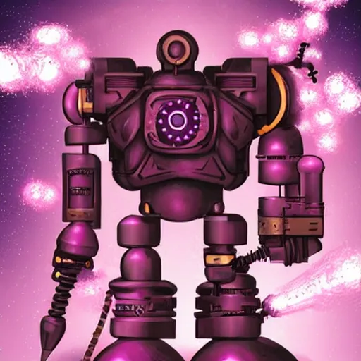 Prompt: a steampunk mech - suit drilling into a mysterious glowing pink crystal with its drill arm, dark cave, pink sparks, purple sparks, studio ghibli, extremely detailed,