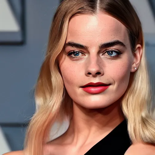 Image similar to a woman who is a genetic combination of margot robbie and emma watson face and upper - body focus