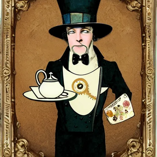 Image similar to a clockwork butler holding a plate of tea cups, steam punk, painting.