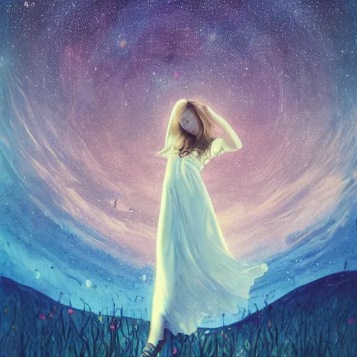 Image similar to breathtaking beautiful illustration of a girl standing in a field of wild flowers gazing up at night sky, stars and milky way and moon, extreme foreshortening, bottom - up perspective, perspective art, extreme angle, style of thomke meyer and julia plath, trending on artstation, ballpoint ultramarine and white