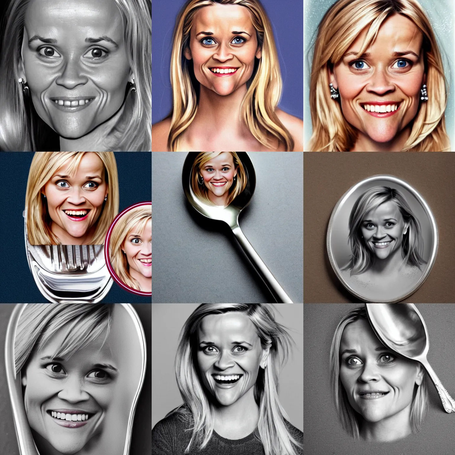 Prompt: a silver spoon with reese witherspoon face on it, reese witherspoon face, macros shot, hyper realistic