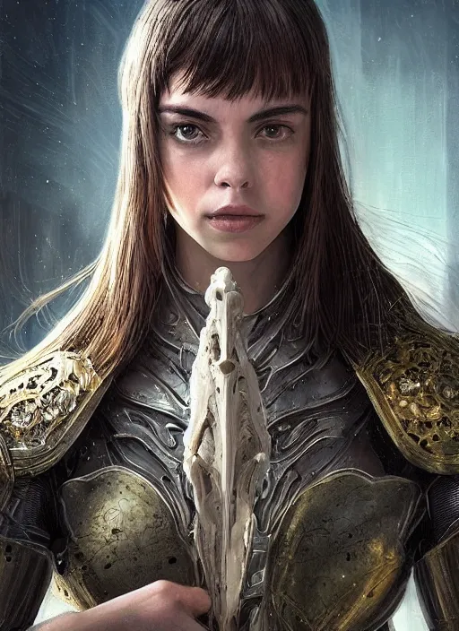 Image similar to a professional portrait of a beautiful young female, clothed in ethereal battle armor, olive skin, long dark hair, beautiful bone structure, symmetrical facial features, intricate, elegant, digital painting, concept art, smooth, sharp focus, finely detailed, illustration, from Valerian and the City of a Thousand Planets, in the style of Ruan Jia and Mandy Jurgens and Artgerm and Greg Rutkowski and William-Adolphe Bouguerea