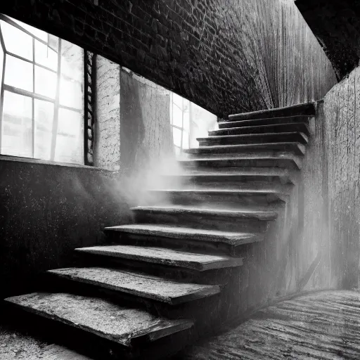 Image similar to black and white press photograph, highly detailed space of purpendicular stairs going in multiple ways, detailed textures, natural light, mist, architecture photography, film grain, soft vignette, sigma 8 5 mm f / 1. 4 1 / 1 0 sec shutter, darren aronofsky film still promotional image, imax 7 0 mm footage