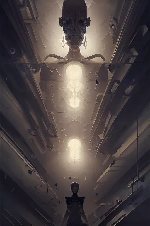 Prompt: professional concept art portrait of a ominous floating mechanical fractal species in a dark room by artgerm and greg rutkowski. cubism, an intricate, elegant, highly detailed digital painting, concept art, smooth, sharp focus, illustration, in the style of cam sykes.