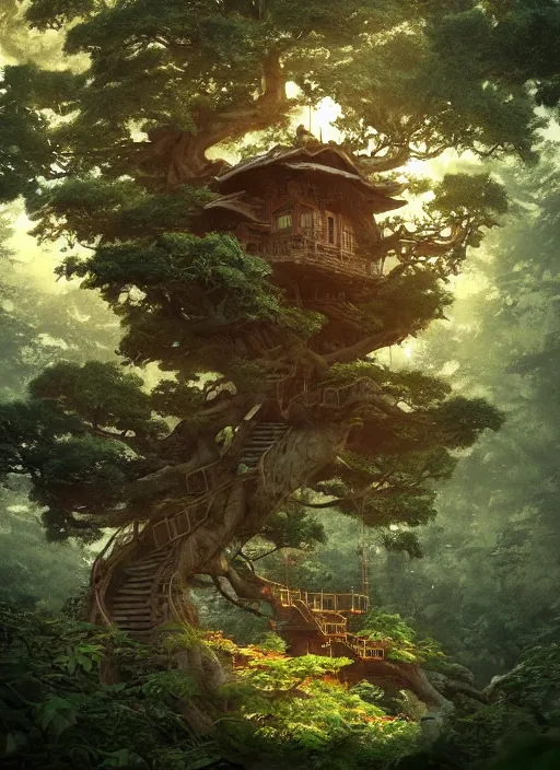 Image similar to beautiful tree house in a gnarly bonsai in a ancient forrest, dynamic lighting, cinematic, establishing shot, extremly high detail, foto realistic, cinematic lighting, post processed, concept art, artstation, matte painting, style by ghibli, myazaki