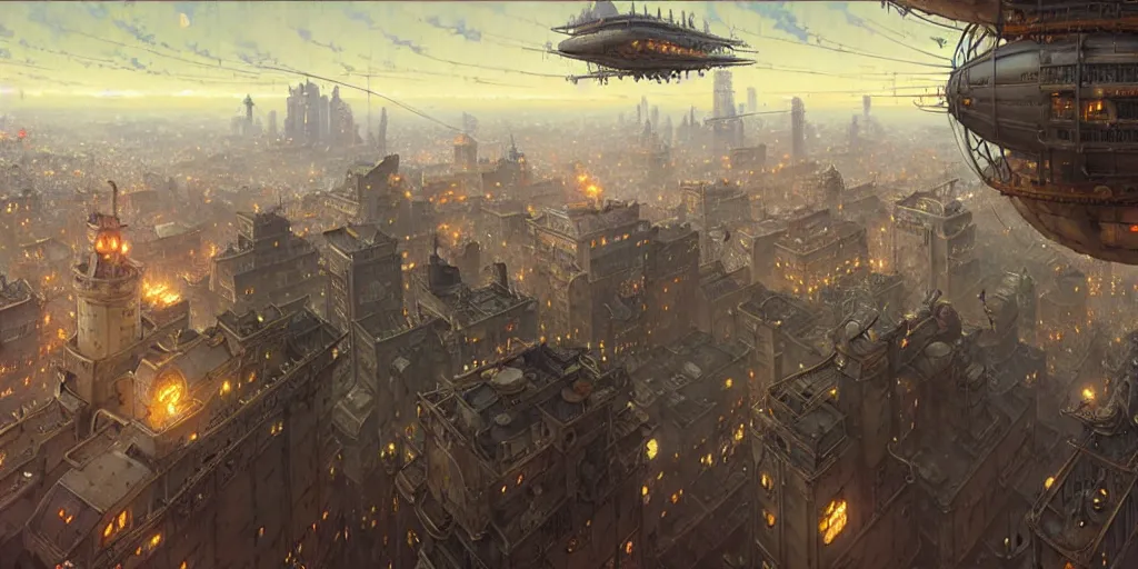 Image similar to steampunk airship above a busy city, exquisite details, denoised, mid view, by norman rockwell, karl kopinski, artsation, greg rutkowski, makoto shinkai, takashi takeuchi, studio ghibli