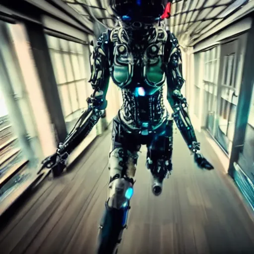 Image similar to gopro pov of a woman warrior wearing intricate biomechanical scifi cyberpunk helmet running motion blur