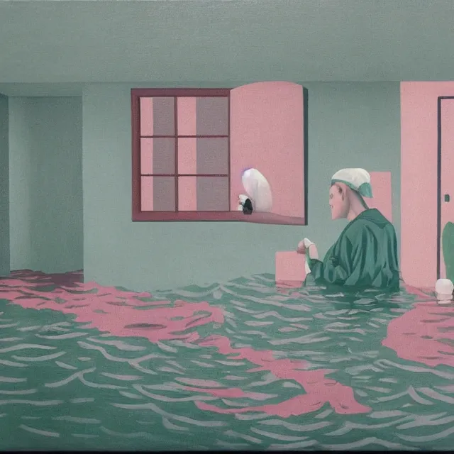 Image similar to painting of flood waters inside an apartment, pastel pink, tall female emo art student, a river flooding through a wall, tangelos, zen, pigs, ikebana, water, river, rapids, waterfall, black swans, canoe, pomegranate, berries dripping, acrylic on canvas, surrealist, by magritte and monet